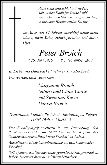 Traueranzeige von Peter Broich von trauer.stadt-kurier.de