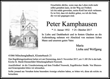 Traueranzeige von Peter Kamphausen von trauer.extra-tipp-moenchengladbach.de