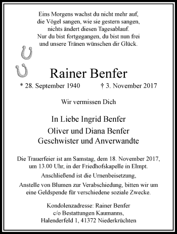 Traueranzeige von Rainer Benfer von trauer.extra-tipp-moenchengladbach.de