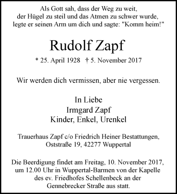 Traueranzeige von Rudolf Zapf von trauer.wuppertaler-rundschau.de