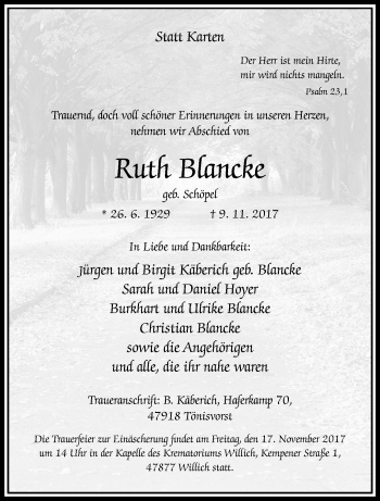 Traueranzeige von Ruth Blancke von trauer.wuppertaler-rundschau.de