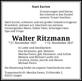 Traueranzeige von Walter Ritzmann von trauer.duesseldorfer-anzeiger.de