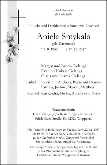 Traueranzeige von Aniela Smykala von trauer.wuppertaler-rundschau.de