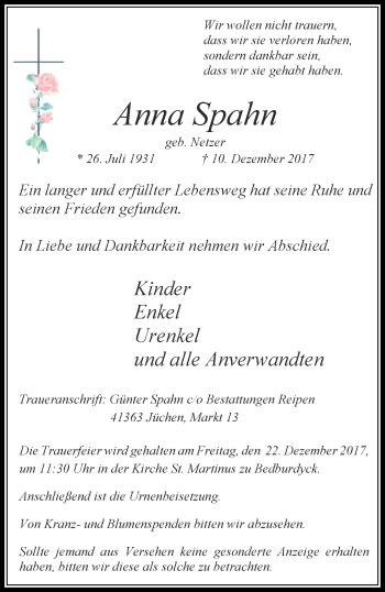 Traueranzeige von Anna Spahn von trauer.stadt-kurier.de