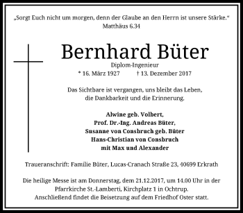 Traueranzeige von Bernhard Büter von trauer.duesseldorfer-anzeiger.de