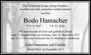 Traueranzeige von Bodo Hamacher von trauer.extra-tipp-moenchengladbach.de