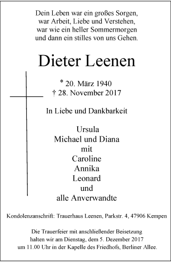 Traueranzeige von Dieter Leenen von trauer.extra-tipp-moenchengladbach.de