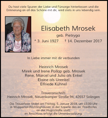 Traueranzeige von Elisabeth Mrosek von trauer.wuppertaler-rundschau.de