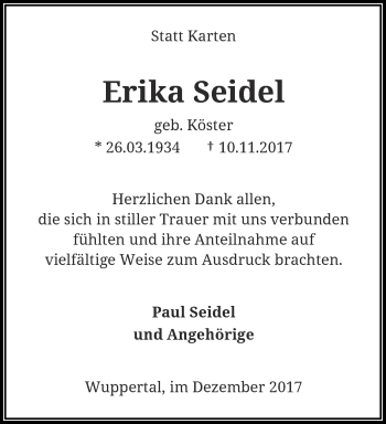 Traueranzeige von Erika Seidel von trauer.wuppertaler-rundschau.de