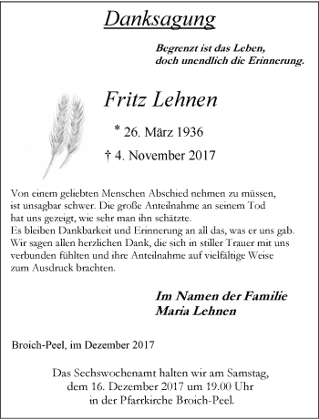 Traueranzeige von Fritz Lehnen von trauer.extra-tipp-moenchengladbach.de