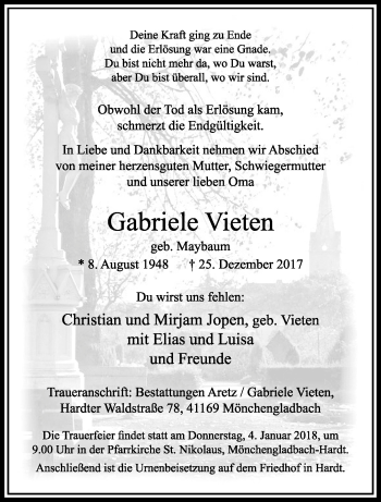 Traueranzeige von Gabriele Vieten von trauer.extra-tipp-moenchengladbach.de