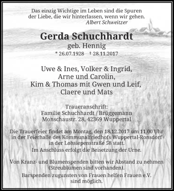 Traueranzeige von Gerda Schuchhardt von trauer.wuppertaler-rundschau.de