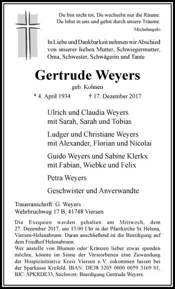 Traueranzeige von Gertrude Weyers von trauer.extra-tipp-moenchengladbach.de