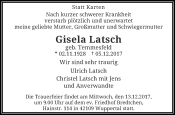 Traueranzeige von Gisela Latsch von trauer.wuppertaler-rundschau.de