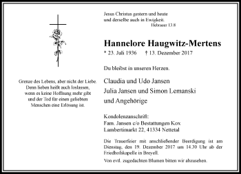 Traueranzeige von Hannelore Haugwitz-Mertens von trauer.extra-tipp-moenchengladbach.de