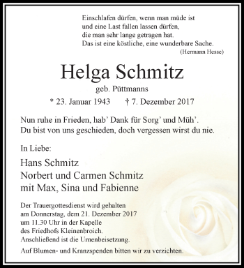 Traueranzeige von Helga Schmitz von trauer.extra-tipp-moenchengladbach.de