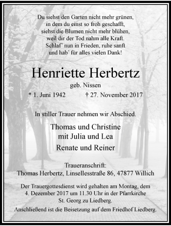 Traueranzeige von Henriette Herbertz von trauer.extra-tipp-moenchengladbach.de