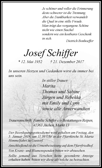 Traueranzeige von Josef Schiffer von trauer.stadt-kurier.de