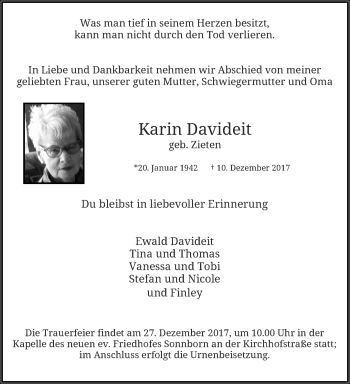 Traueranzeige von Karin Davideit von trauer.wuppertaler-rundschau.de