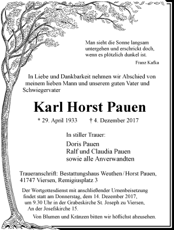 Traueranzeige von Karl Horst Pauen von trauer.extra-tipp-moenchengladbach.de