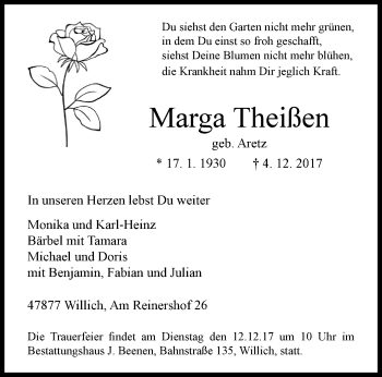 Traueranzeige von Marga Theißen von trauer.extra-tipp-moenchengladbach.de