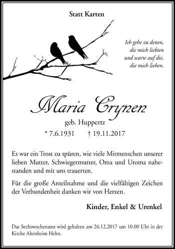 Traueranzeige von Maria Crynen von trauer.extra-tipp-moenchengladbach.de