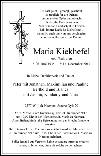 Traueranzeige von Maria Kiekhefel von trauer.extra-tipp-moenchengladbach.de