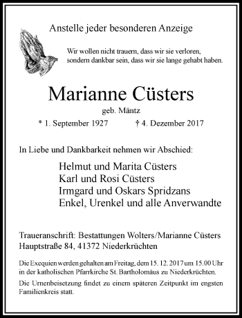 Traueranzeige von Marianne Cüsters von trauer.extra-tipp-moenchengladbach.de