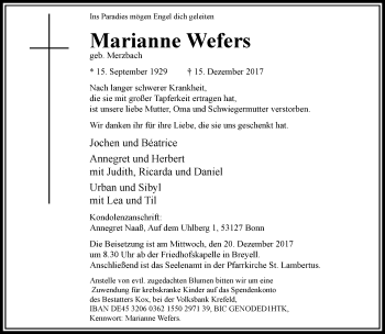 Traueranzeige von Marianne Wefers von trauer.extra-tipp-moenchengladbach.de