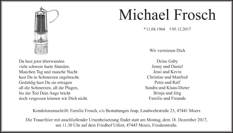  Traueranzeige für Michael Frosch vom 13.12.2017 aus trauer.stadt-panorame.de