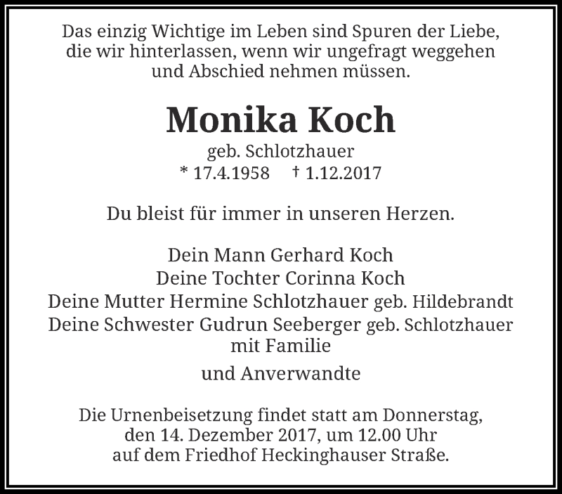  Traueranzeige für Monika Koch vom 09.12.2017 aus trauer.wuppertaler-rundschau.de