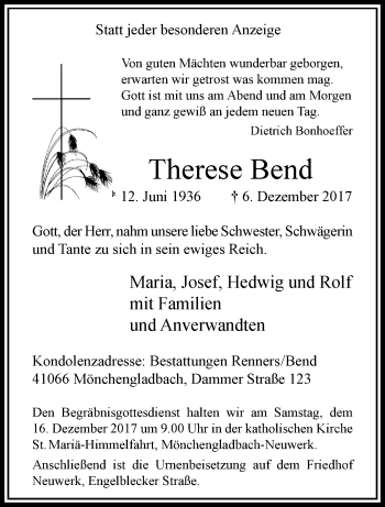 Traueranzeige von Therese Bend von trauer.extra-tipp-moenchengladbach.de