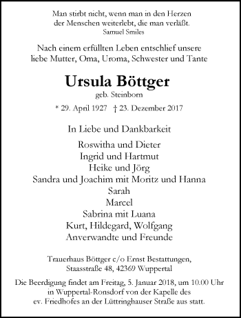 Traueranzeige von Ursula Böttger von trauer.wuppertaler-rundschau.de