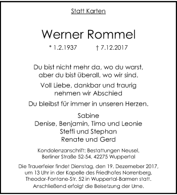 Traueranzeige von Werner Rommel von trauer.wuppertaler-rundschau.de