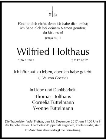 Traueranzeige von Wilfried Holthaus von trauer.wuppertaler-rundschau.de