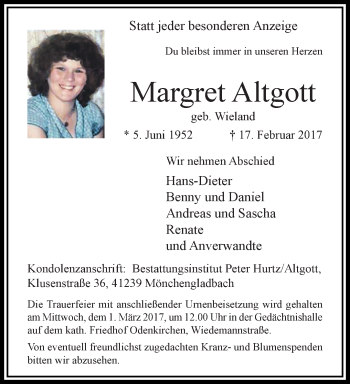 Traueranzeige von Margret Altgott von trauer.extra-tipp-moenchengladbach.de