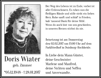 Traueranzeige von Doris Wiater von trauer.stadt-panorame.de