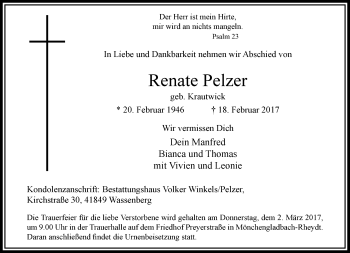 Traueranzeige von Renate Pelzer von trauer.extra-tipp-moenchengladbach.de