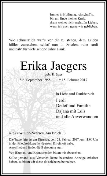 Traueranzeige von Erika Jaegers von trauer.extra-tipp-moenchengladbach.de