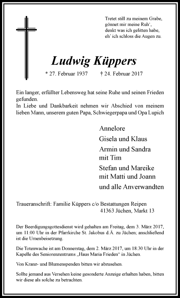  Traueranzeige für Ludwig Küppers vom 01.03.2017 aus trauer.stadt-kurier.de