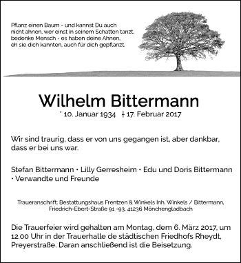 Traueranzeige von Wilhelm Bittermann von trauer.extra-tipp-moenchengladbach.de