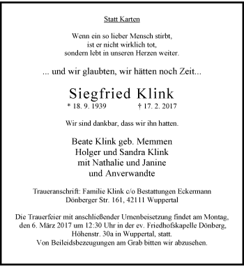 Traueranzeige von Siegfried Klink von trauer.wuppertaler-rundschau.de