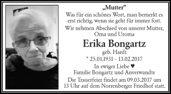 Traueranzeige von Erika Bongartz von trauer.wuppertaler-rundschau.de