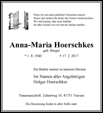 Traueranzeige von Anna-Maria Hoerschkes von trauer.extra-tipp-moenchengladbach.de