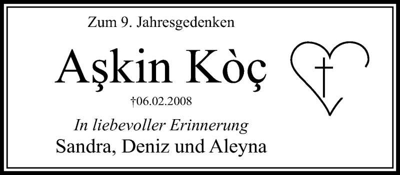  Traueranzeige für Askin Kòc vom 05.02.2017 aus trauer.mein.krefeld.de