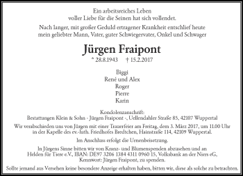 Traueranzeige von Jürgen Fraipont von trauer.wuppertaler-rundschau.de
