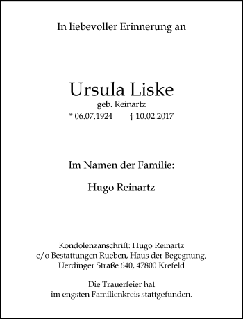 Traueranzeige von Ursula Liske von trauer.mein.krefeld.de
