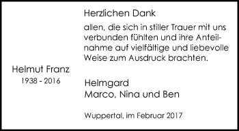 Traueranzeige von Helmut Franz von trauer.wuppertaler-rundschau.de