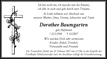 Traueranzeige von Dorothee Baumgarten von trauer.wuppertaler-rundschau.de