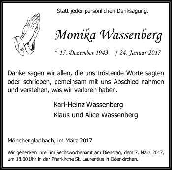 Traueranzeige von Monika Wassenberg von trauer.extra-tipp-moenchengladbach.de